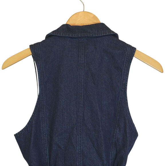 TOPSHOP MOTO Blue Denim Mini Dress Sleeveless Zip Up Front Belted Tie Waist 10 - Picture 9 of 13